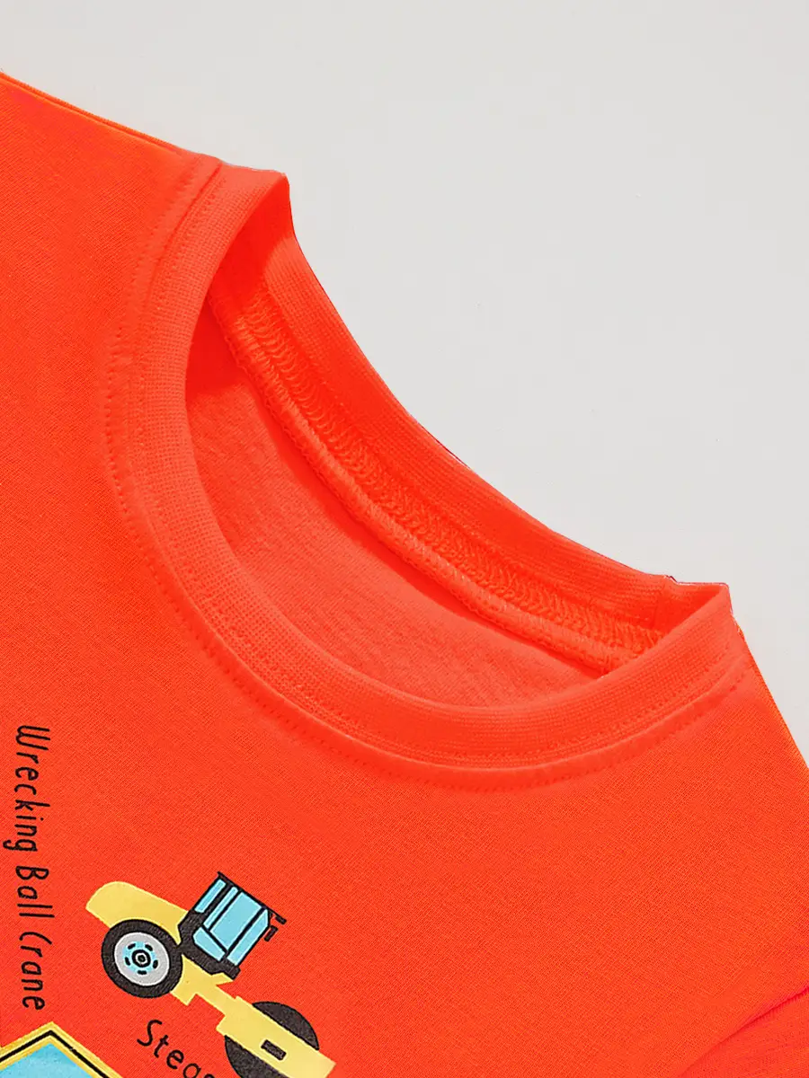 Kids Car Construction T-Shirt Red Orange 25yo