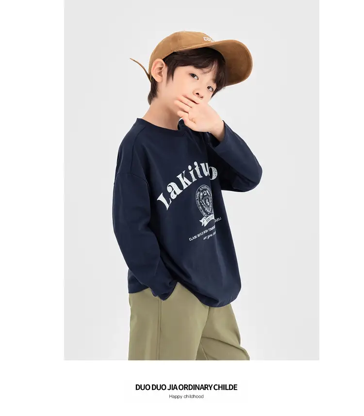 Duoduo Boys Long Sleeve T-Shirt Navy Blue Letter Print Cotton — feature 33