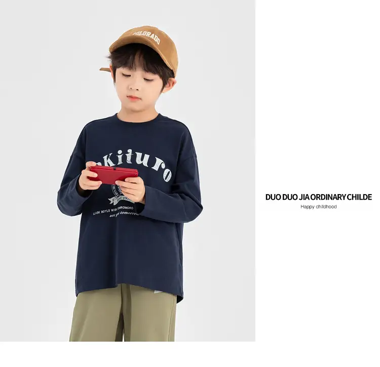 Duoduo Boys Long Sleeve T-Shirt Navy Blue Letter Print Cotton — feature 42
