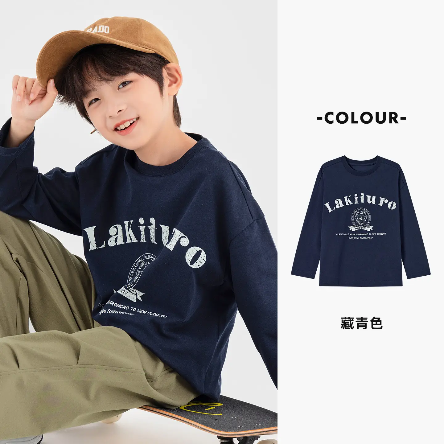 Duoduo Boys Long Sleeve T-Shirt Navy Blue Letter Print Cotton - Image 2