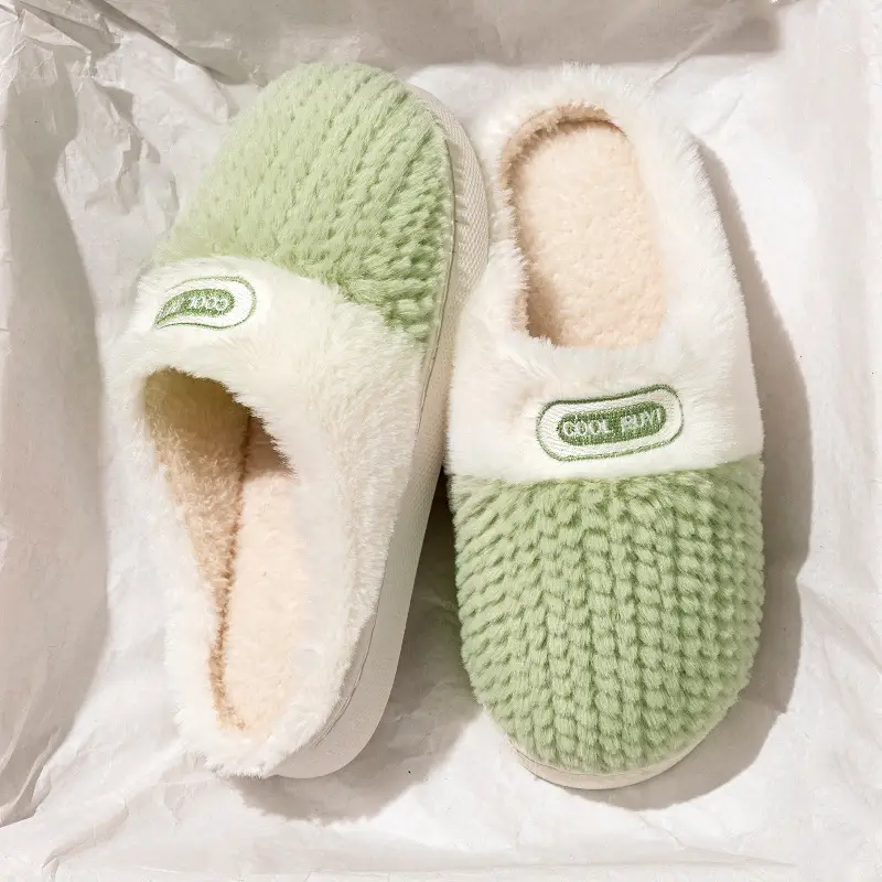 New Double Color Matching Warm Wheat Ear Cotton Slippers, Non-Slip Thick-Soled Couple Cotton Slippers, Warm and Non-Slip Home Plush Cotton Shoes - Image 2
