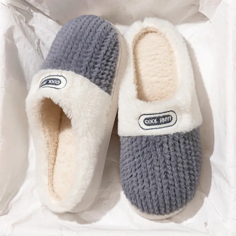 New Double Color Matching Warm Wheat Ear Cotton Slippers, Non-Slip Thick-Soled Couple Cotton Slippers, Warm and Non-Slip Home Plush Cotton Shoes - Image 4
