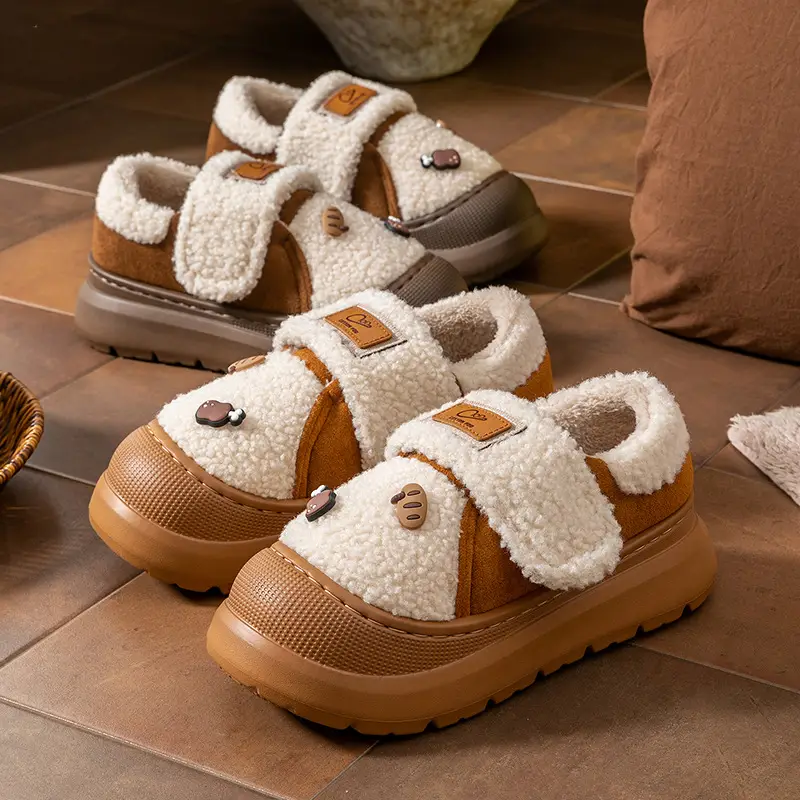 New Style Magic Tape Closed-Back Cotton Slippers for Women, Autumn and Winter, Non-Slip, Warm, Fashionable, Outdoor Wear, Plush Maternity Cotton Shoes with Thick Soles