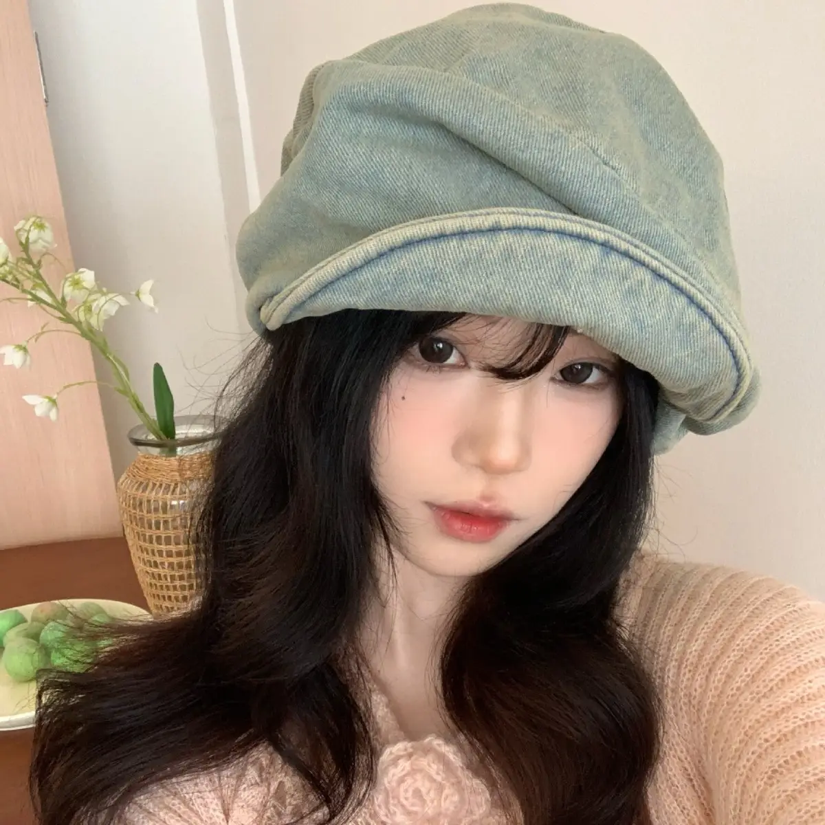 Vintage Wash Denim Beret for Women Large Head Circumference - Image 2