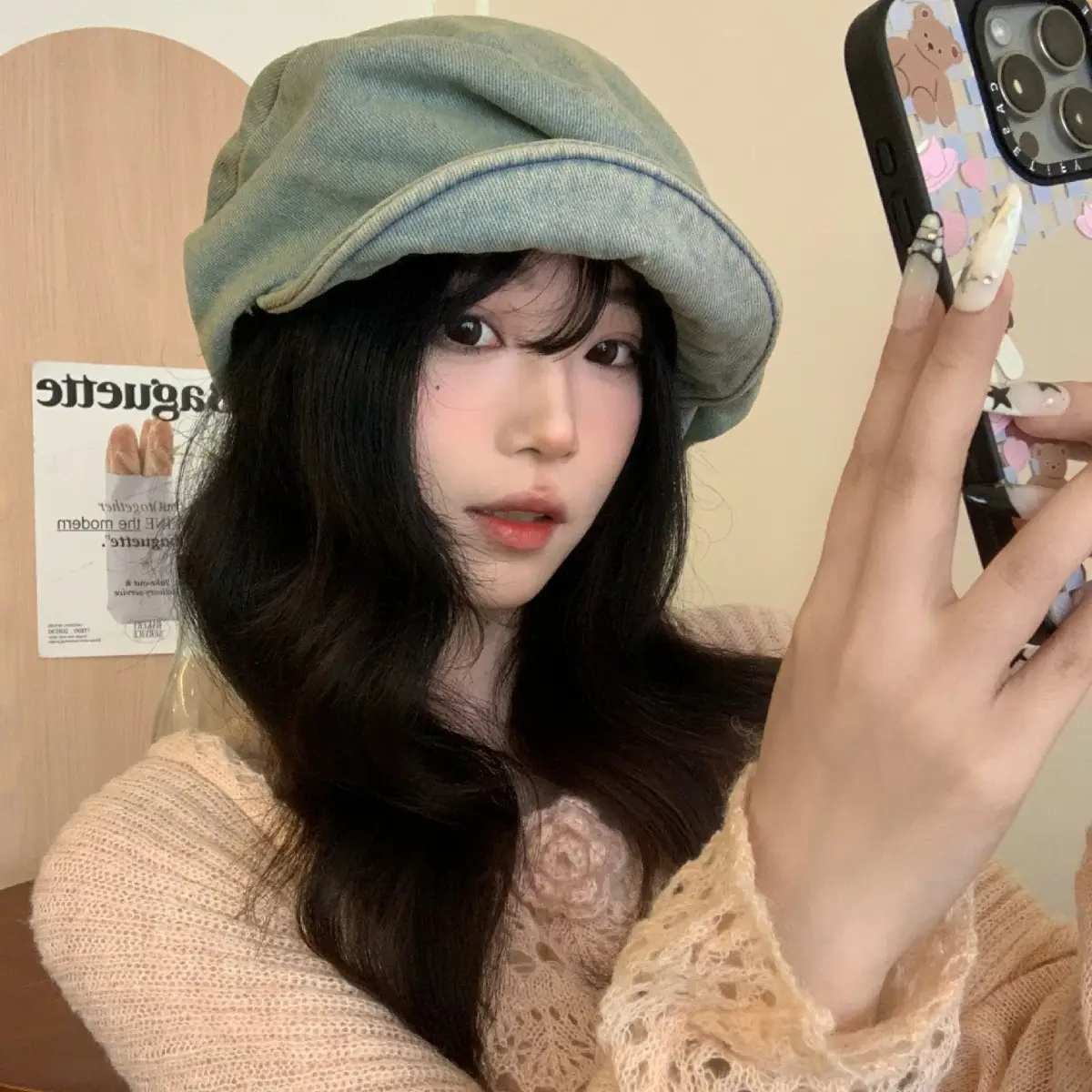 Vintage Wash Denim Beret for Women Large Head Circumference - Image 3