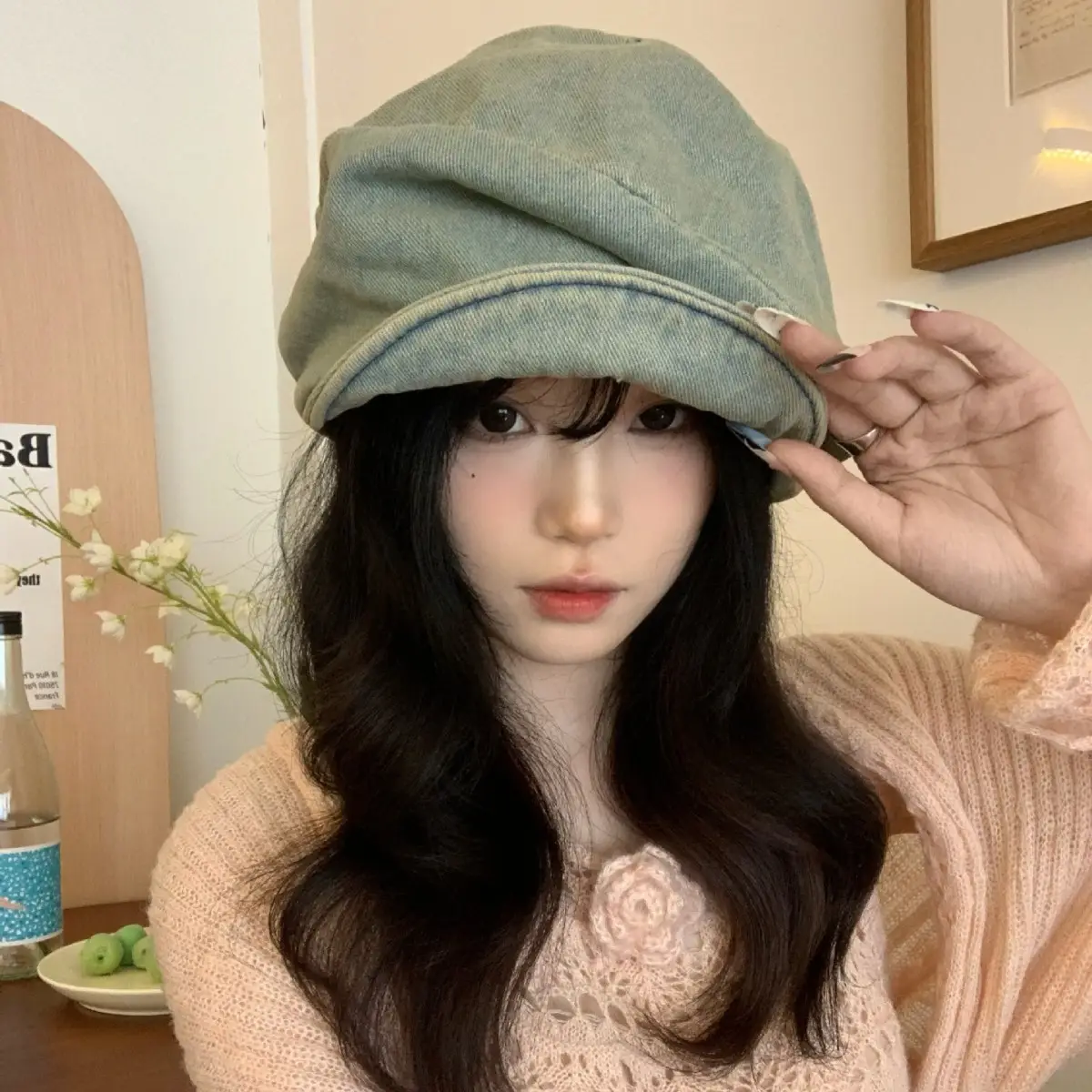 Vintage Wash Denim Beret for Women Large Head Circumference - Image 5
