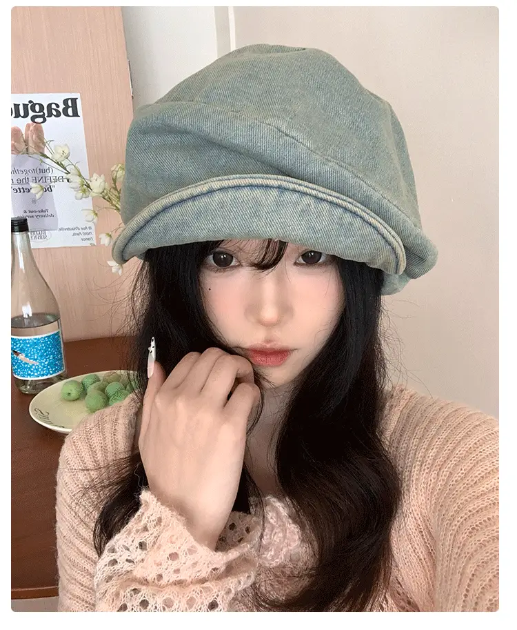 Vintage Wash Denim Beret for Women Large Head Circumference — feature 11
