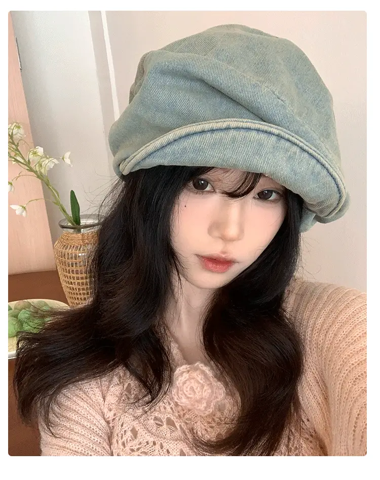 Vintage Wash Denim Beret for Women Large Head Circumference — feature 12