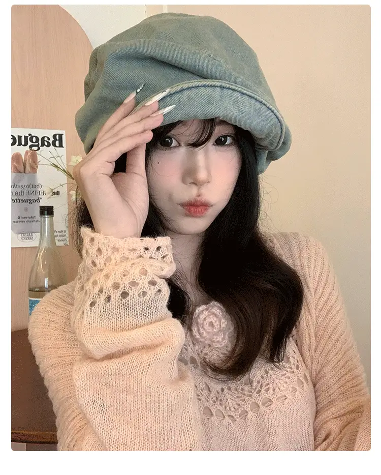 Vintage Wash Denim Beret for Women Large Head Circumference — feature 8