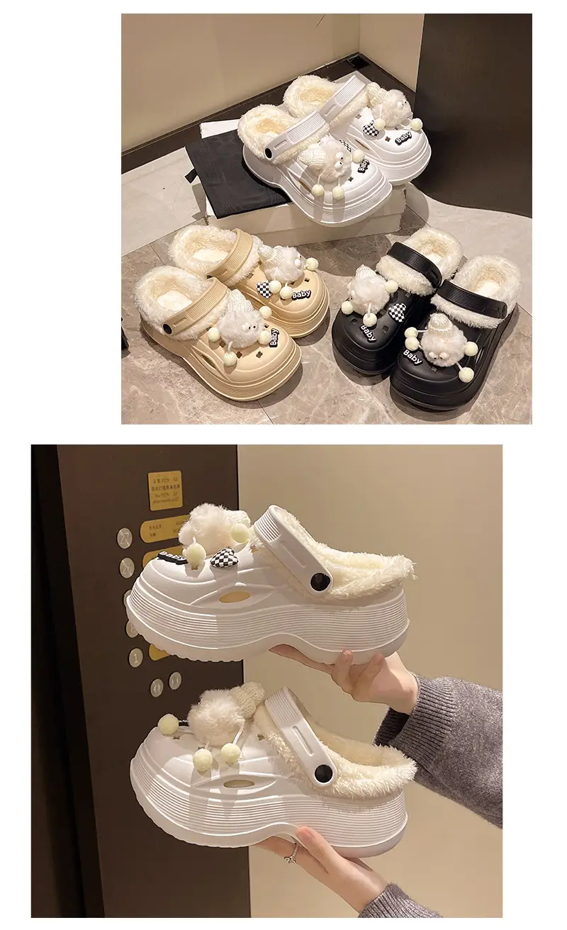 Women Fleece Lined Pom Pom Clogs Winter White — feature 11