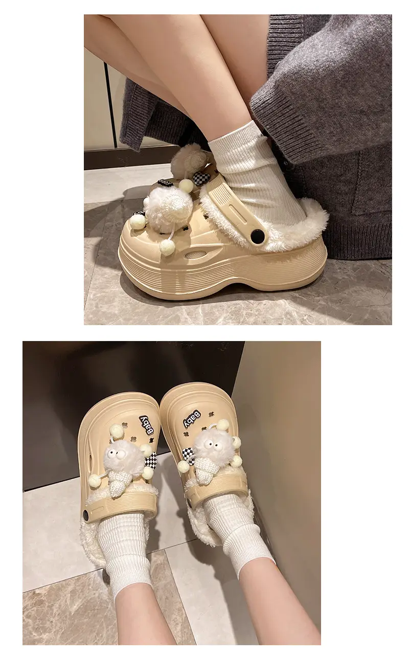 Women Fleece Lined Pom Pom Clogs Winter White — feature 7