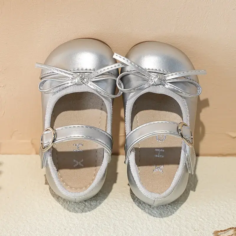 Girls Silver Bow Korean Style Shoes