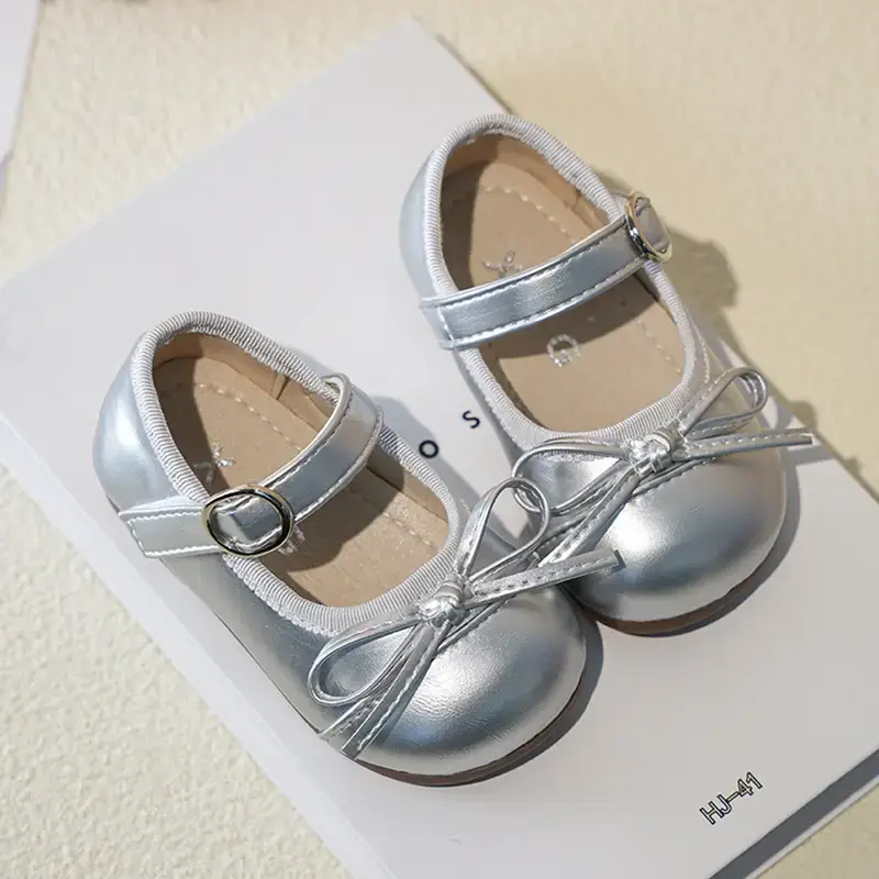 Girls Silver Bow Korean Style Shoes