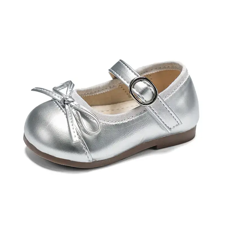 Girls Silver Bow Korean Style Shoes