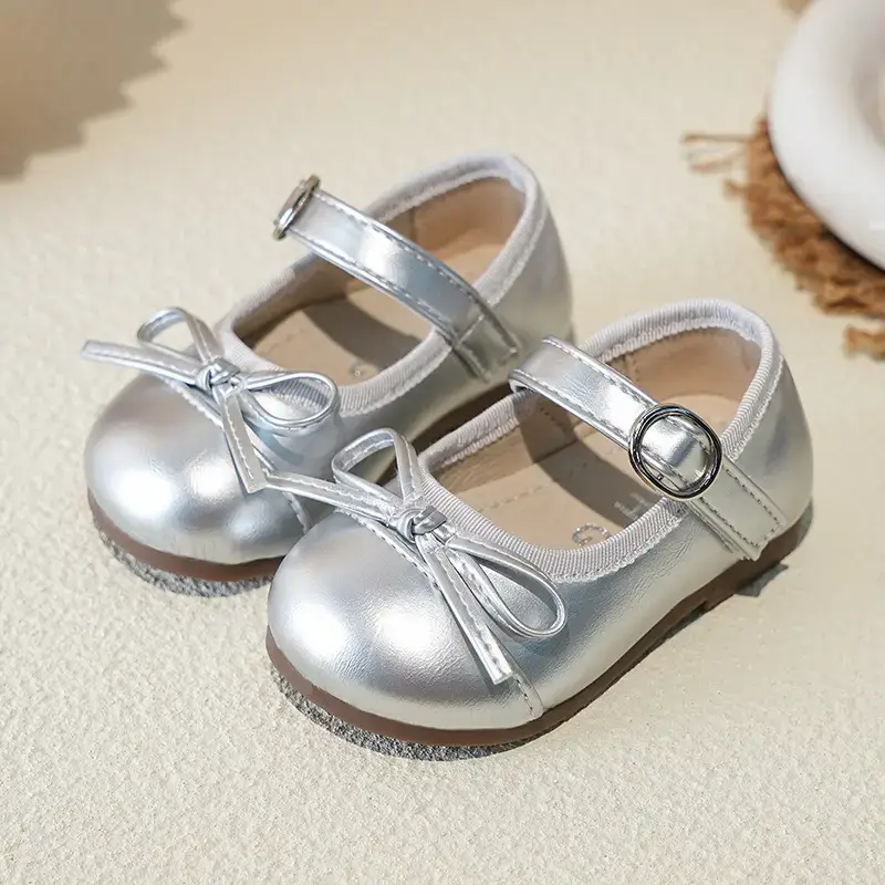 Girls Silver Bow Korean Style Shoes