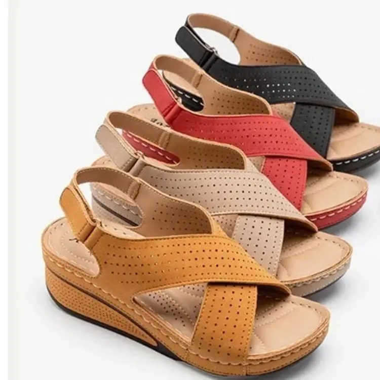 Red Wedge Heel Women Sandals with Retro Hollow Design