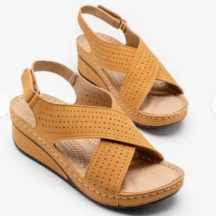 Red Wedge Heel Women Sandals with Retro Hollow Design
