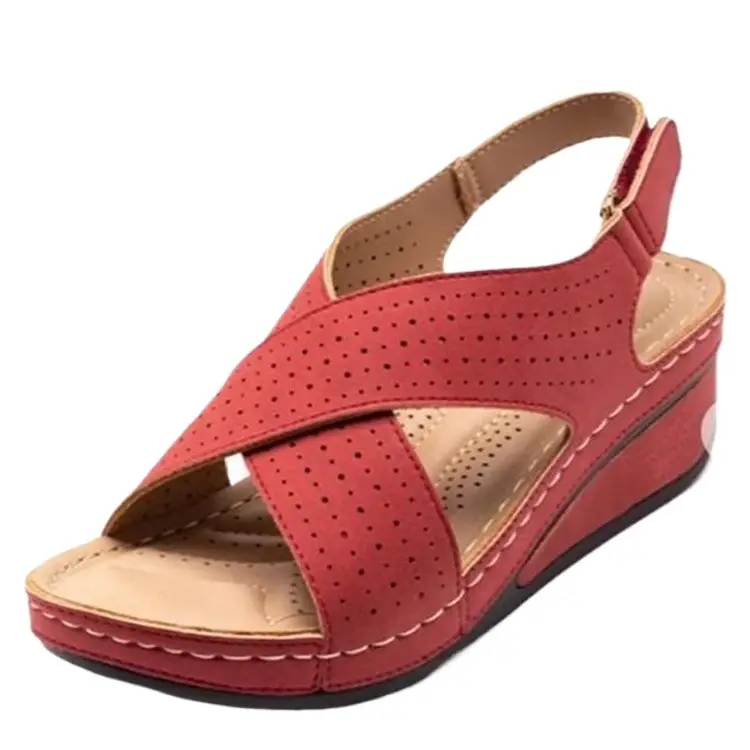 Red Wedge Heel Women Sandals with Retro Hollow Design
