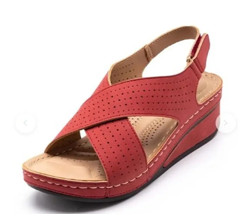 Red Wedge Heel Women Sandals with Retro Hollow Design