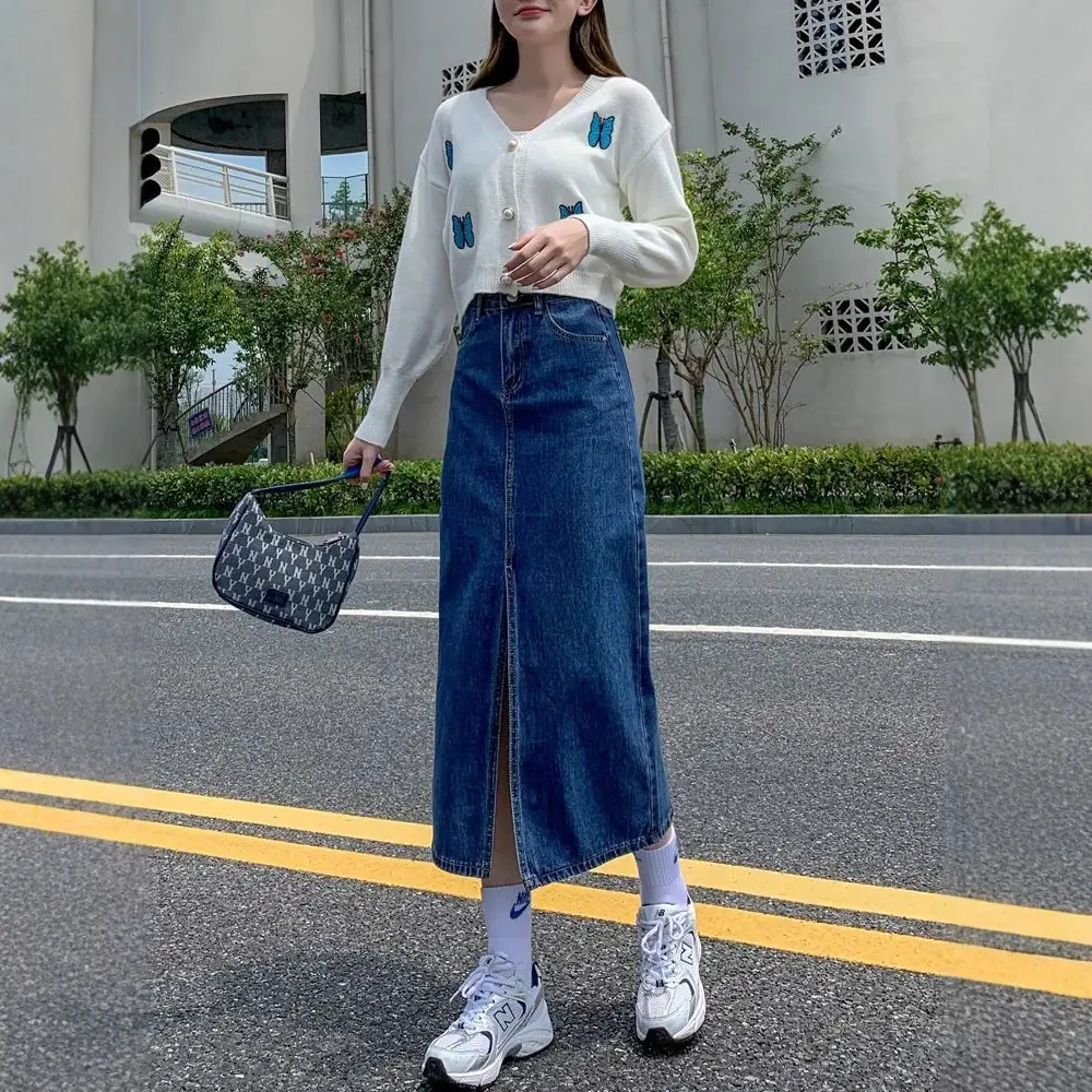 Front Slit Dark Blue Hip-Hugging Denim Skirt 2025