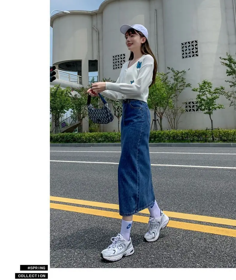 Front Slit Dark Blue Hip-Hugging Denim Skirt 2025 — feature 6