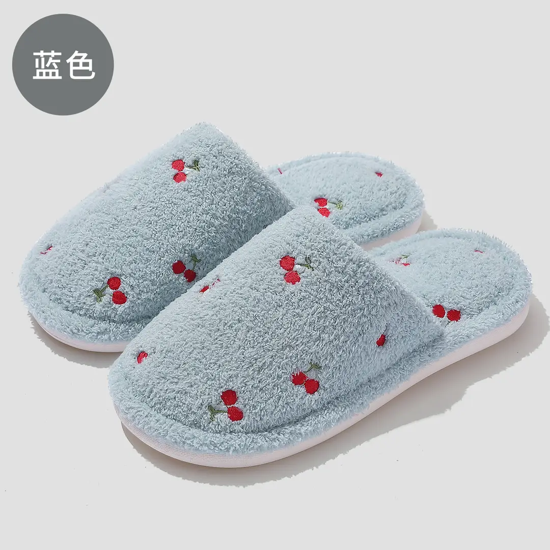 Home Cotton Slippers for Women, Winter Indoor Plush Warm Cartoon Cute Cherry Furry Slippers for Women Wholesale - Image 2