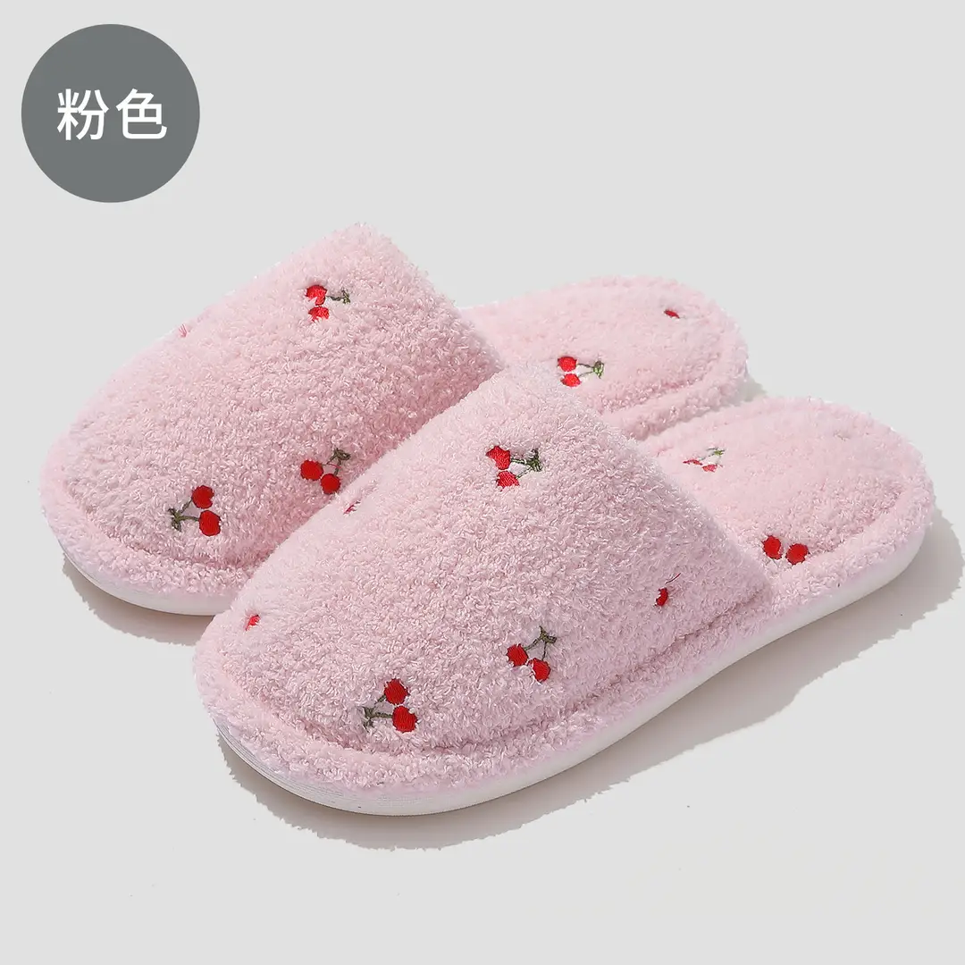 Home Cotton Slippers for Women, Winter Indoor Plush Warm Cartoon Cute Cherry Furry Slippers for Women Wholesale - Image 3