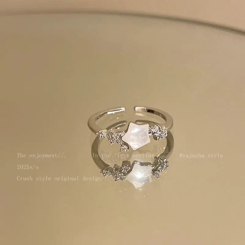 Star Pearl Open Ring Women Adjustable Silver 2025