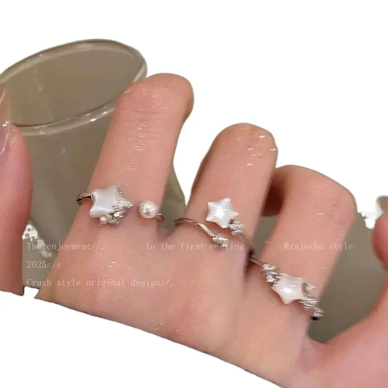 Star Pearl Open Ring Women Adjustable Silver 2025