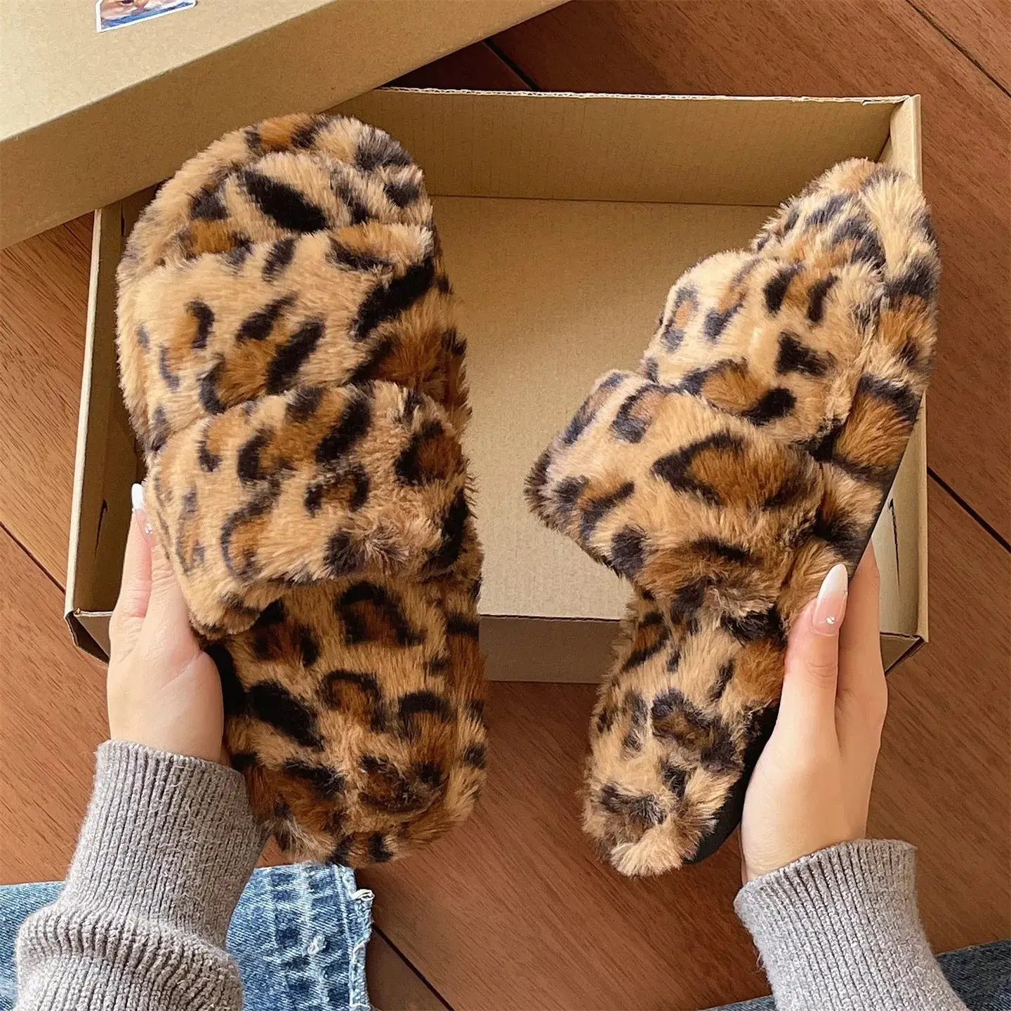 Women Leopard Print Plush Slippers Winter Warm Indoor Outdoor - Image 5