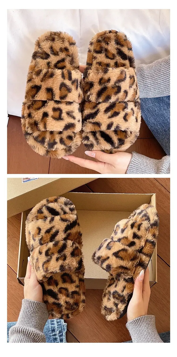 Women Leopard Print Plush Slippers Winter Warm Indoor Outdoor — feature 7
