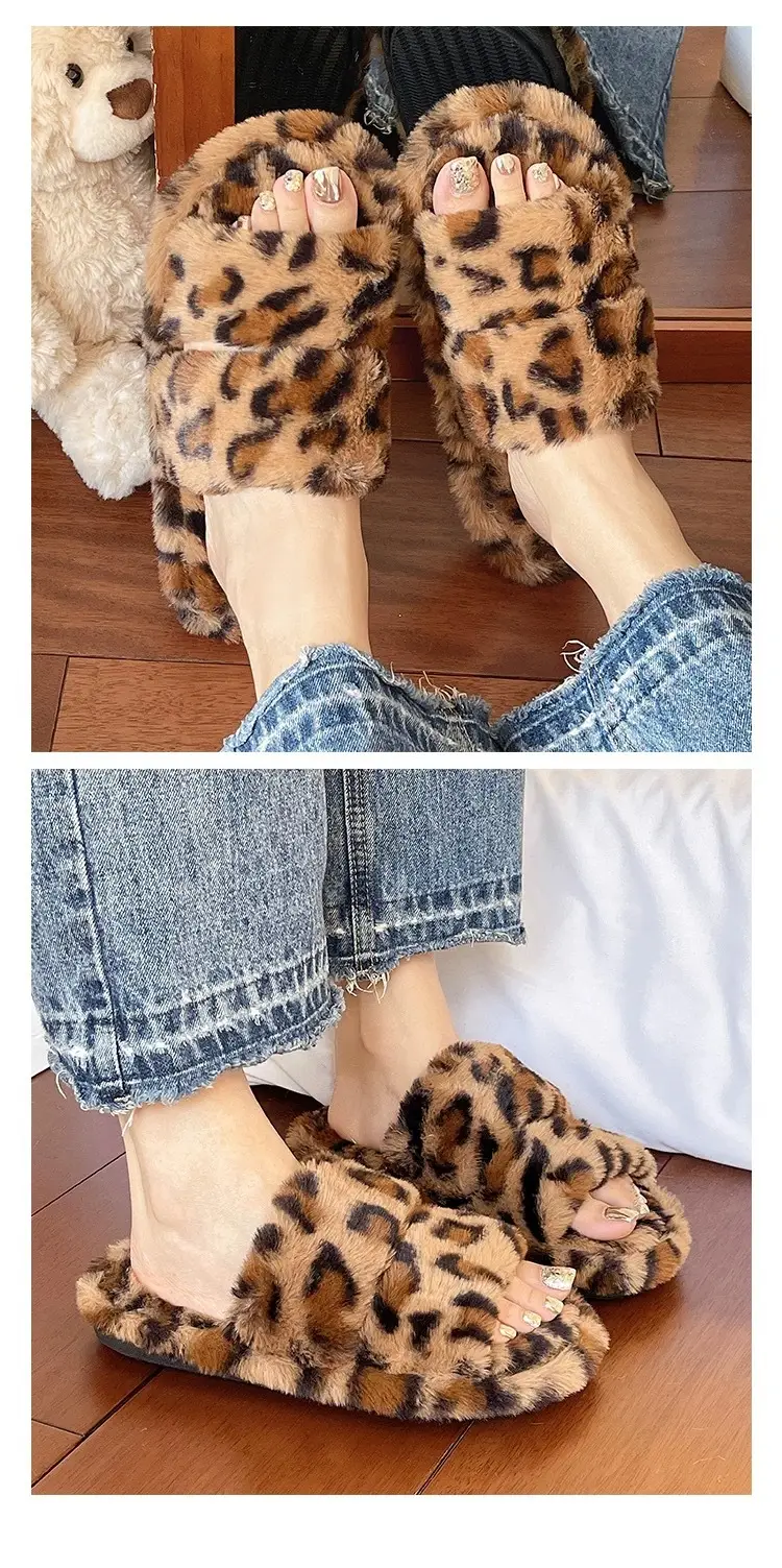 Women Leopard Print Plush Slippers Winter Warm Indoor Outdoor — feature 8