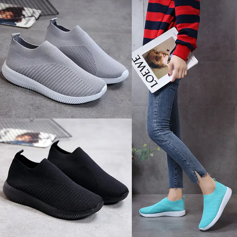 New Style Fly-Knit Shallow Low-Top Lightweight Breathable Slip-On Round-Toe Foreign Trade Large-Size Casual Flat Sneakers