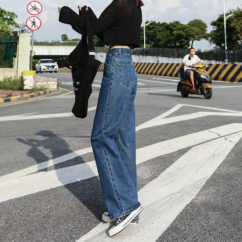 High-Waist Dark Blue Jeans for Women Slimming Wide Leg