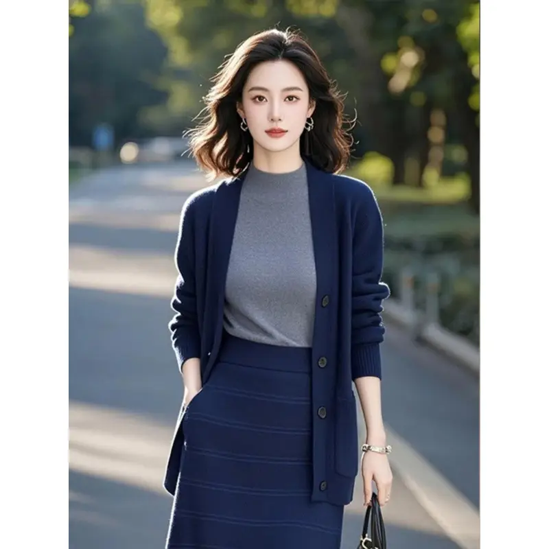 Dark Blue Knitted Cardigan for Women Spring 2026