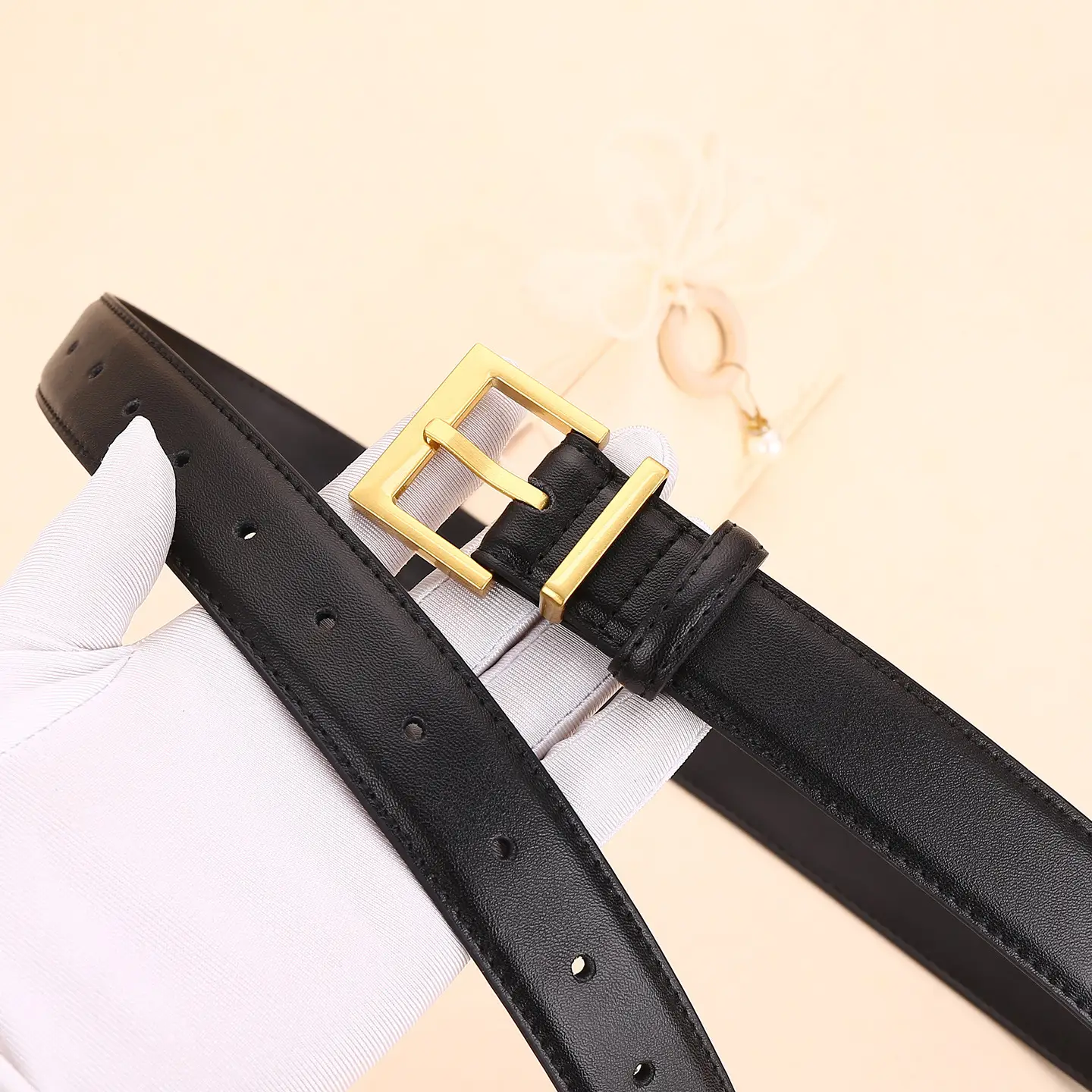 Black Leather Belt with Gold Buckle for Women - Image 6