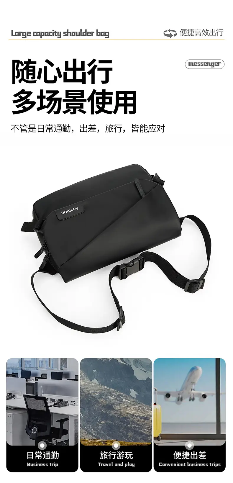 Men's Black Crossbody Shoulder Bag Large Capacity Commuter Casual Messenger — feature 6