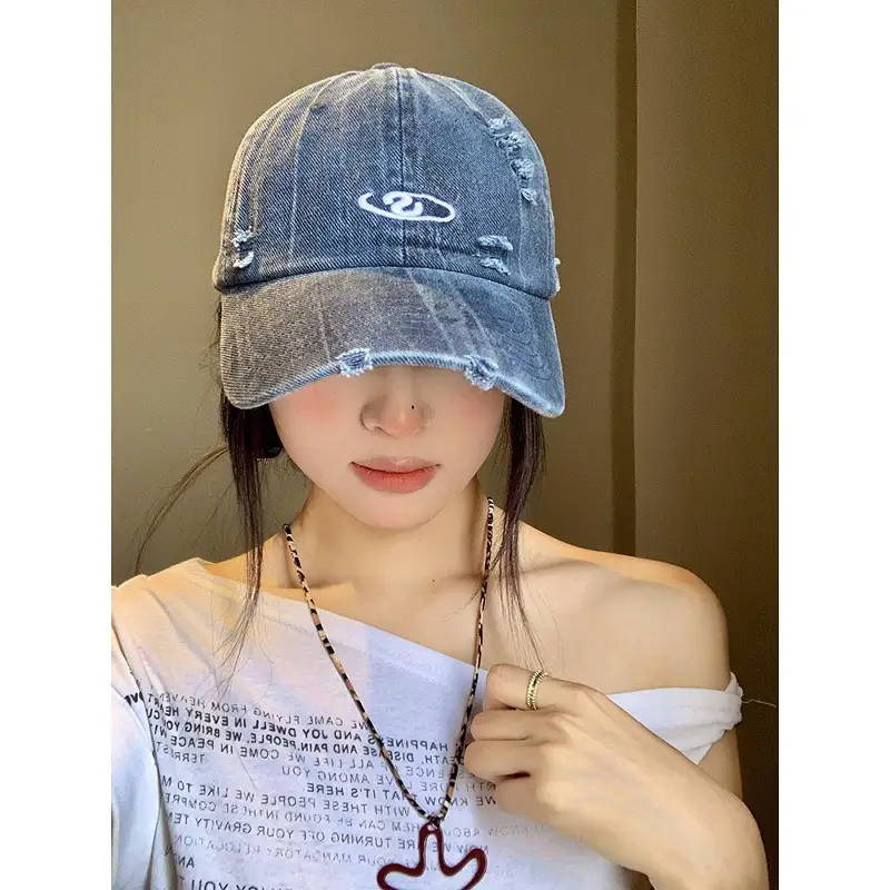 Women Wash Denim Camo Baseball Cap Wide Brim Large Head - Image 10