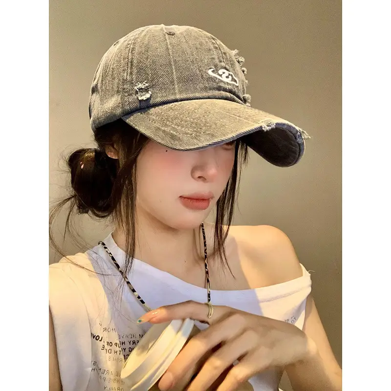 Women Wash Denim Camo Baseball Cap Wide Brim Large Head - Image 11