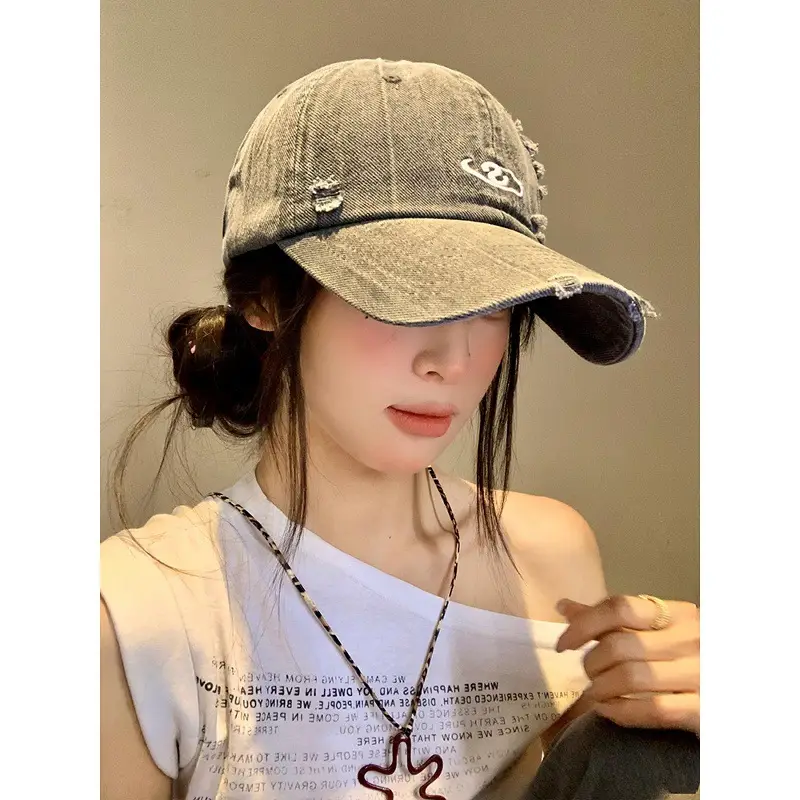 Women Wash Denim Camo Baseball Cap Wide Brim Large Head - Image 12