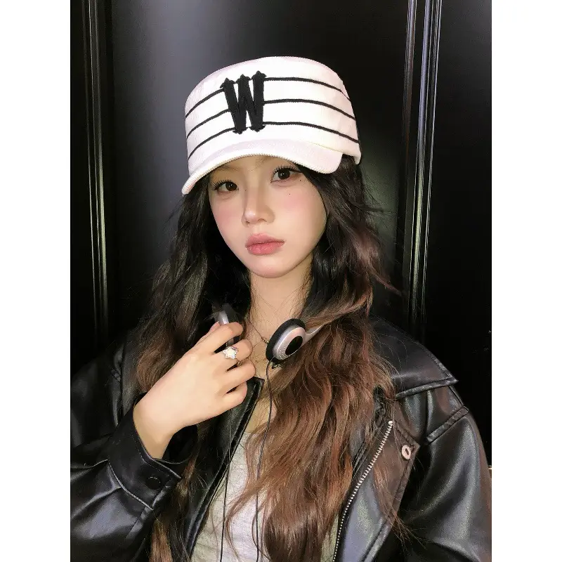 Women Korean Style Retro Striped Baseball Cap with W Letter Embroidery - Image 3