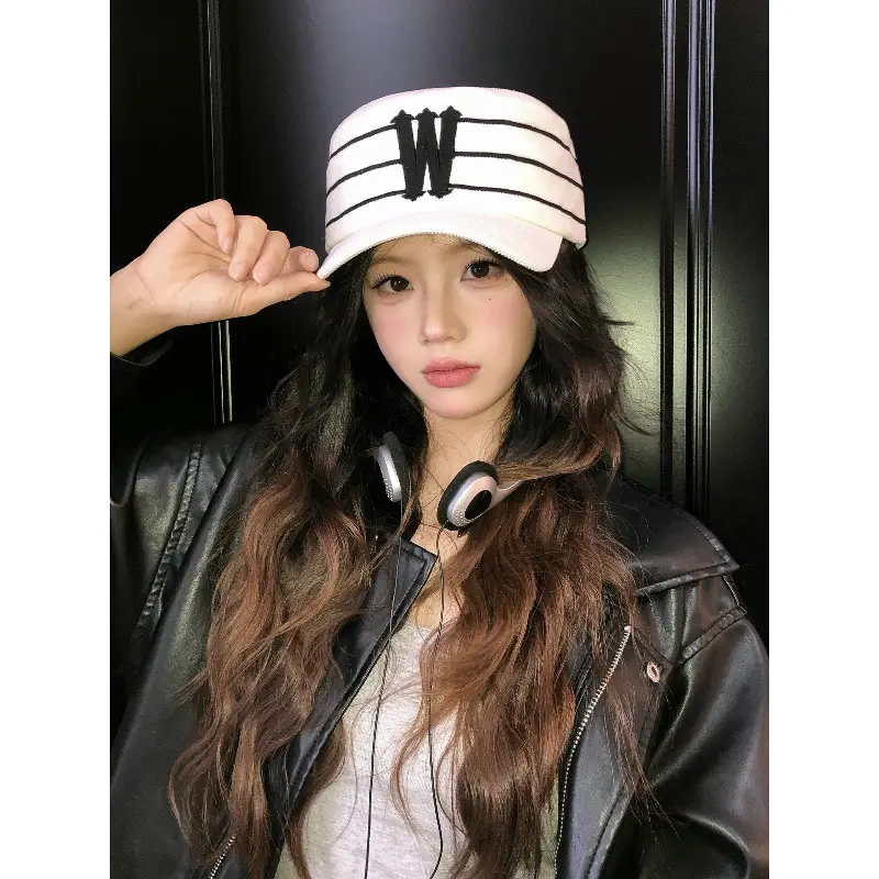 Women Korean Style Retro Striped Baseball Cap with W Letter Embroidery - Image 4
