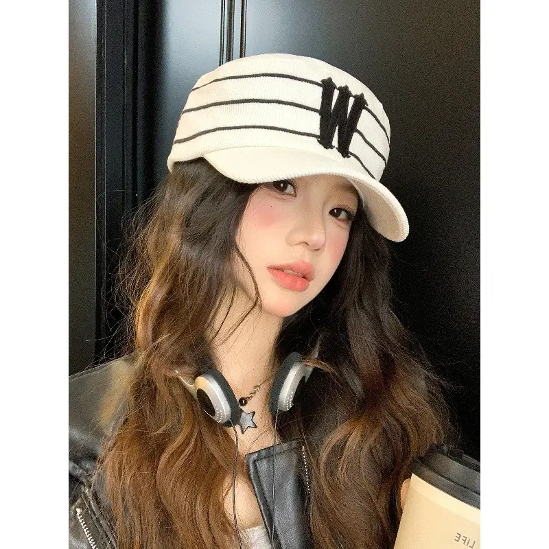 Women Korean Style Retro Striped Baseball Cap with W Letter Embroidery - Image 5