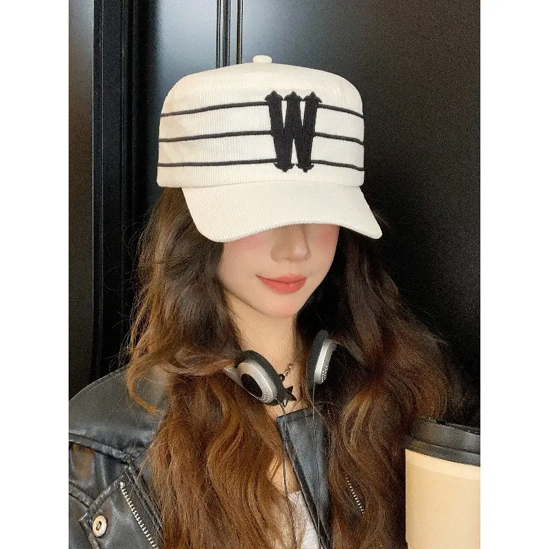 Women Korean Style Retro Striped Baseball Cap with W Letter Embroidery - Image 6