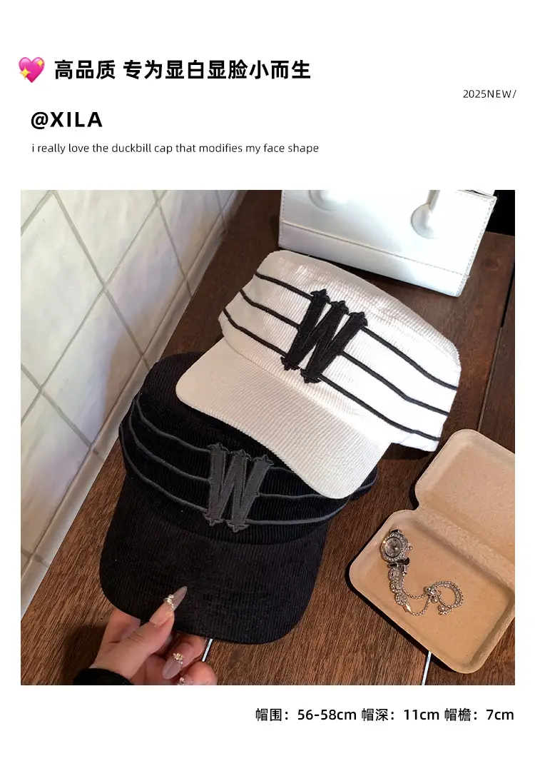 Women Korean Style Retro Striped Baseball Cap with W Letter Embroidery — feature 2