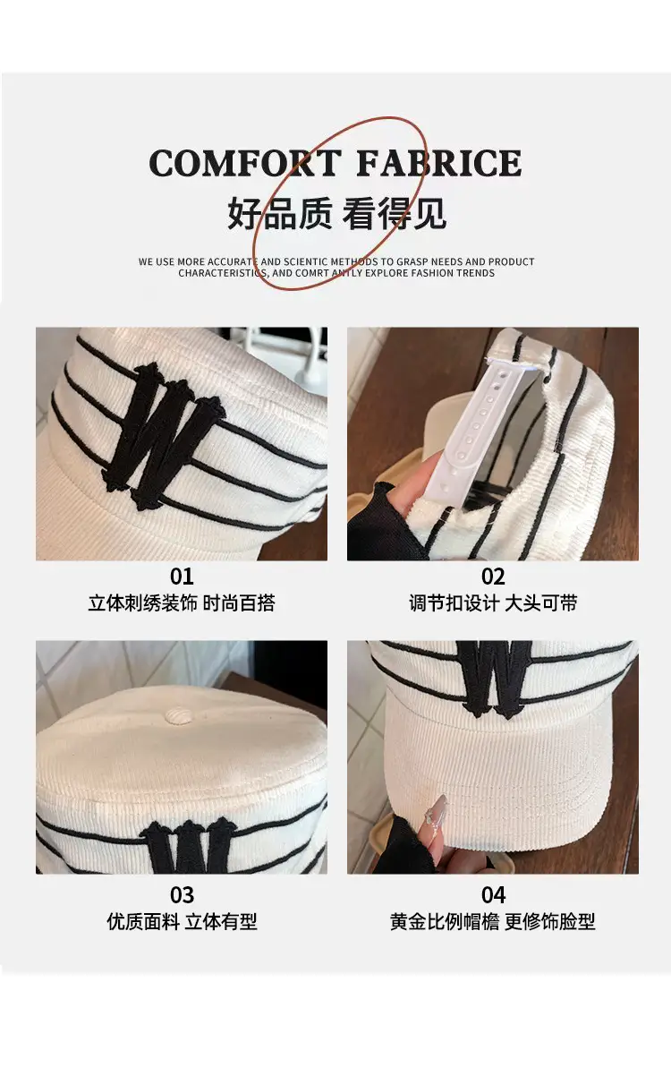 Women Korean Style Retro Striped Baseball Cap with W Letter Embroidery — feature 3
