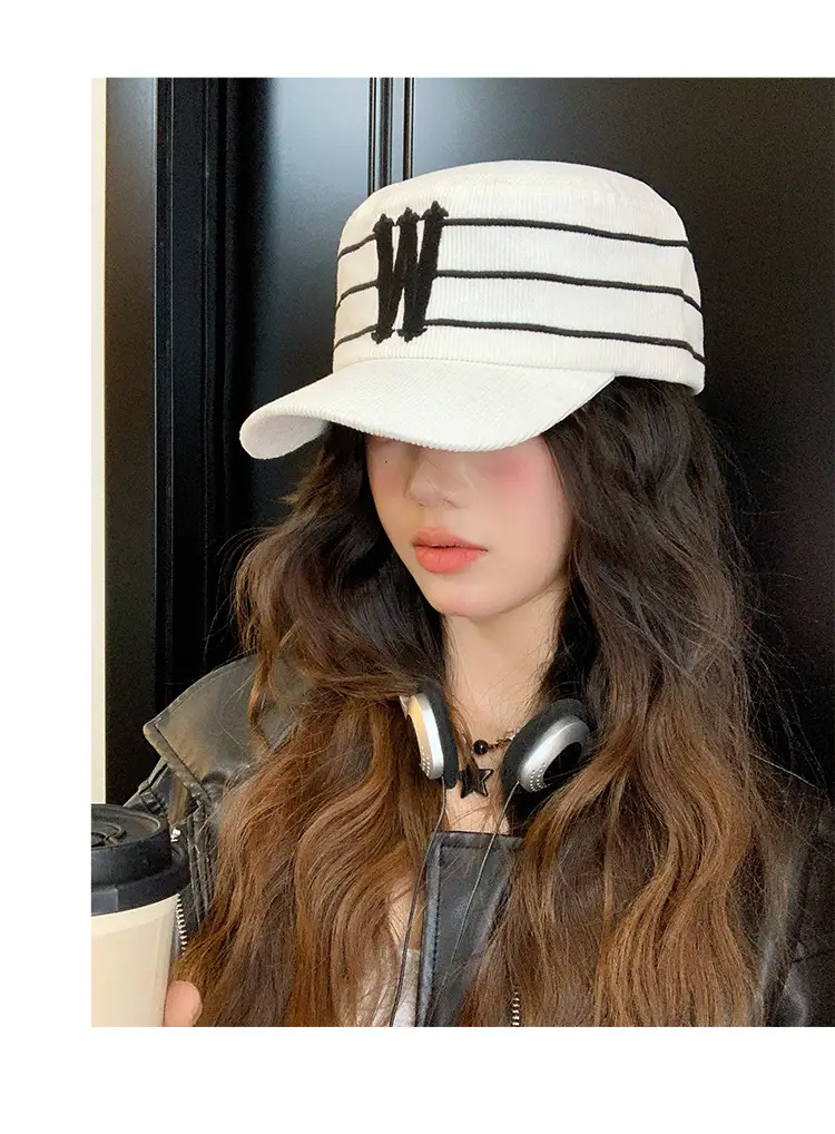 Women Korean Style Retro Striped Baseball Cap with W Letter Embroidery — feature 7