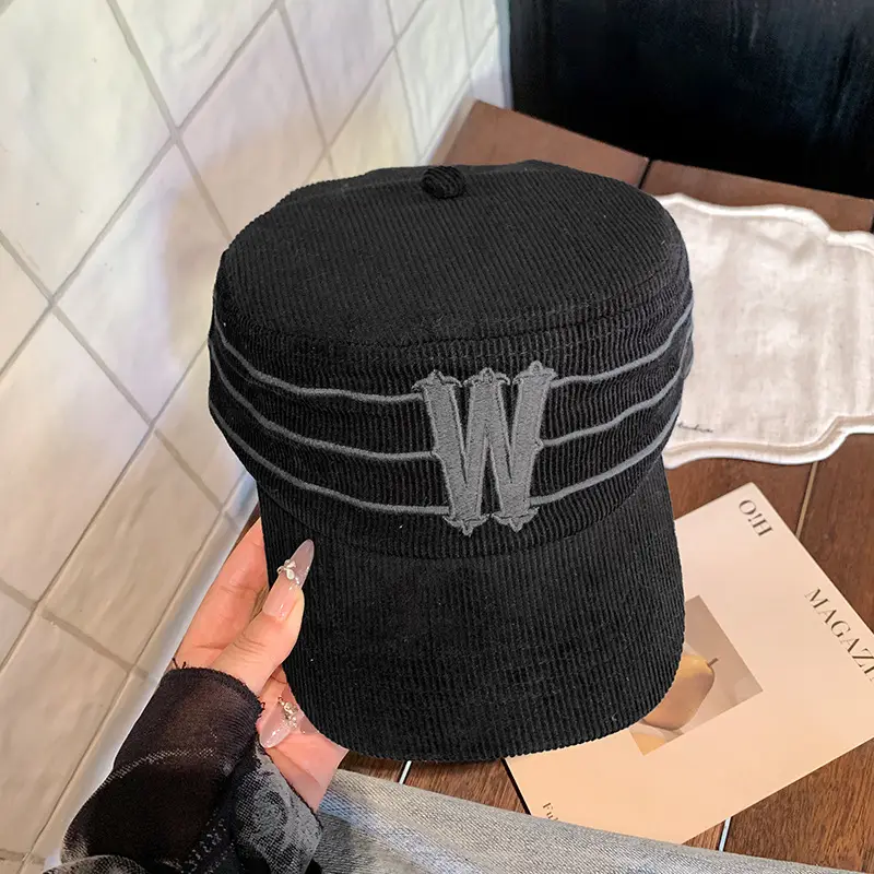 Women Korean Style Retro Striped Baseball Cap with W Letter Embroidery - Image 2