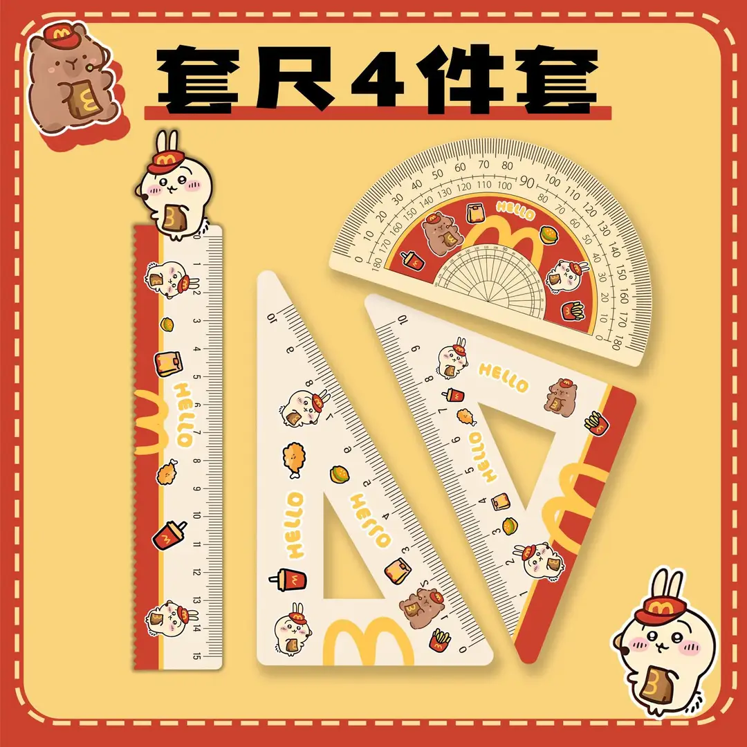 Factory Direct Sales Acrylic 15cm Ruler Four-Piece Set Cute Three Small Student Cartoon Learning Stationery Set