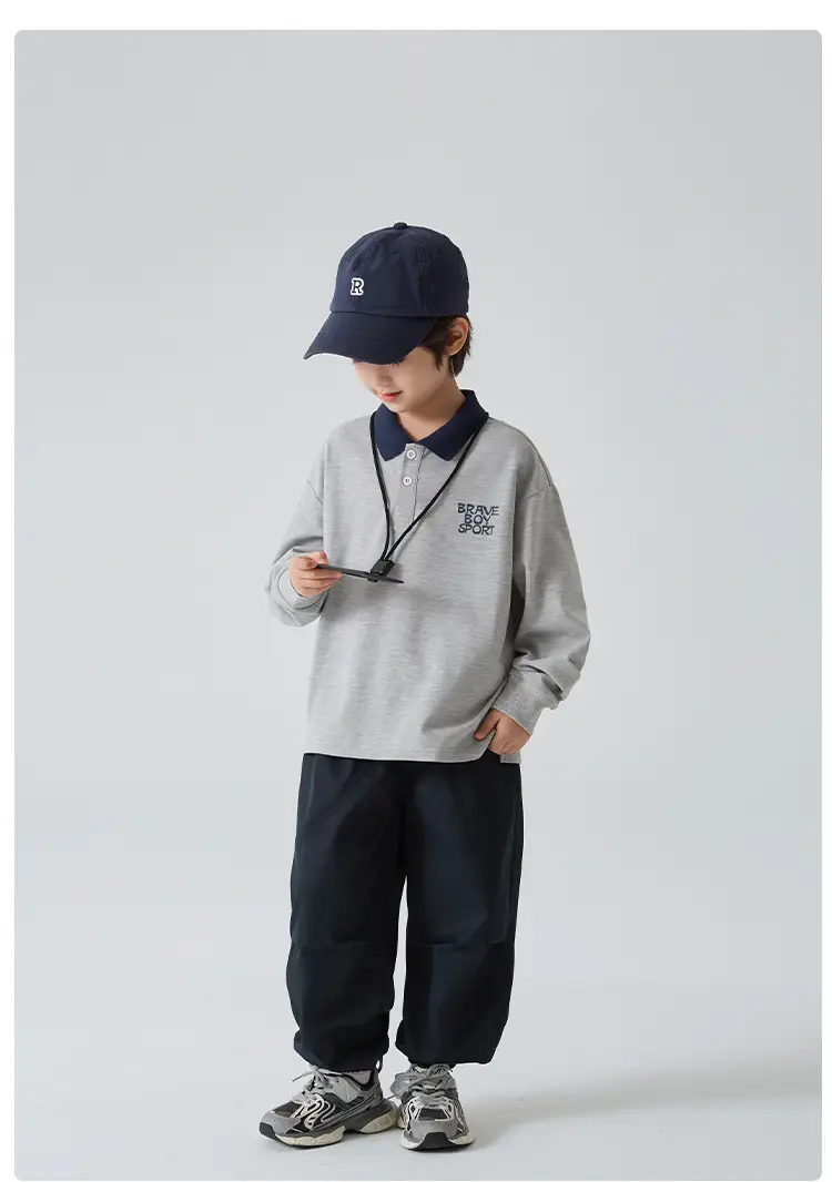 Kids Polo Shirt Grey Long Sleeve Spring Outfit — feature 12